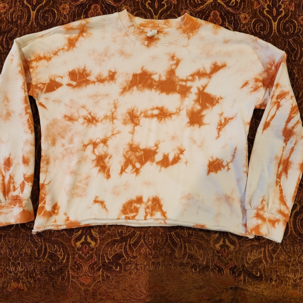 ELAN Cropped Tie Dye Pullover Sweatshirt Orange Cream Raw Hem Medium - Picture 13 of 15
